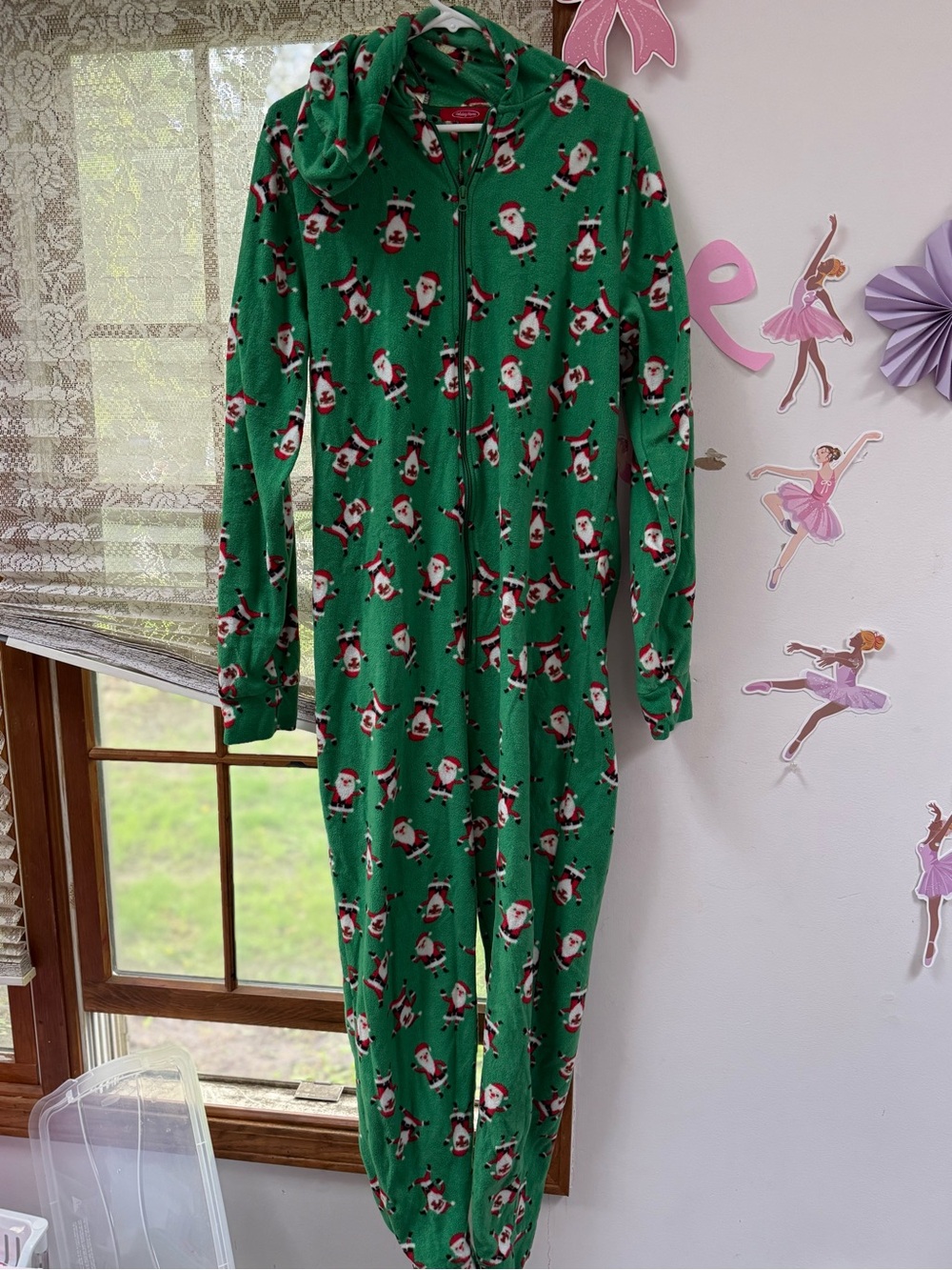 Adult Green Santa Print Hooded One-Piece Pajamas